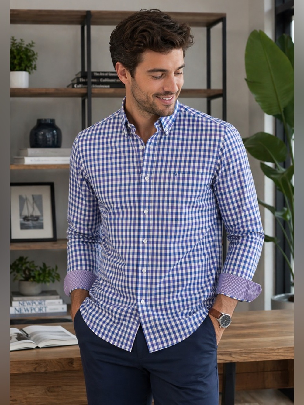 TAILORBYRD 100% Cotton Blue Lavender Plaid Button Down Shirt Sz M Pocket Preppy